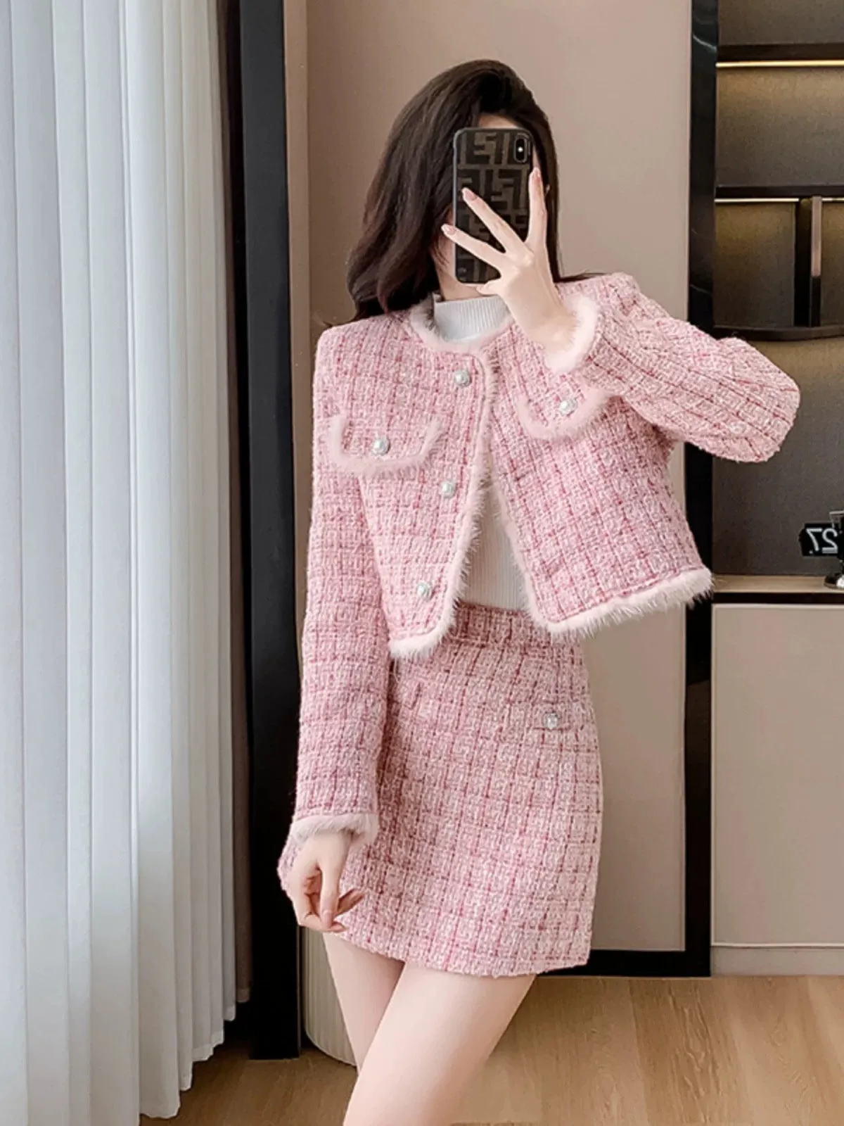 2024 Autumn and winter new style light luxury small fragrance thickened high-end suit skirt woolen pink ladylike temperament jac