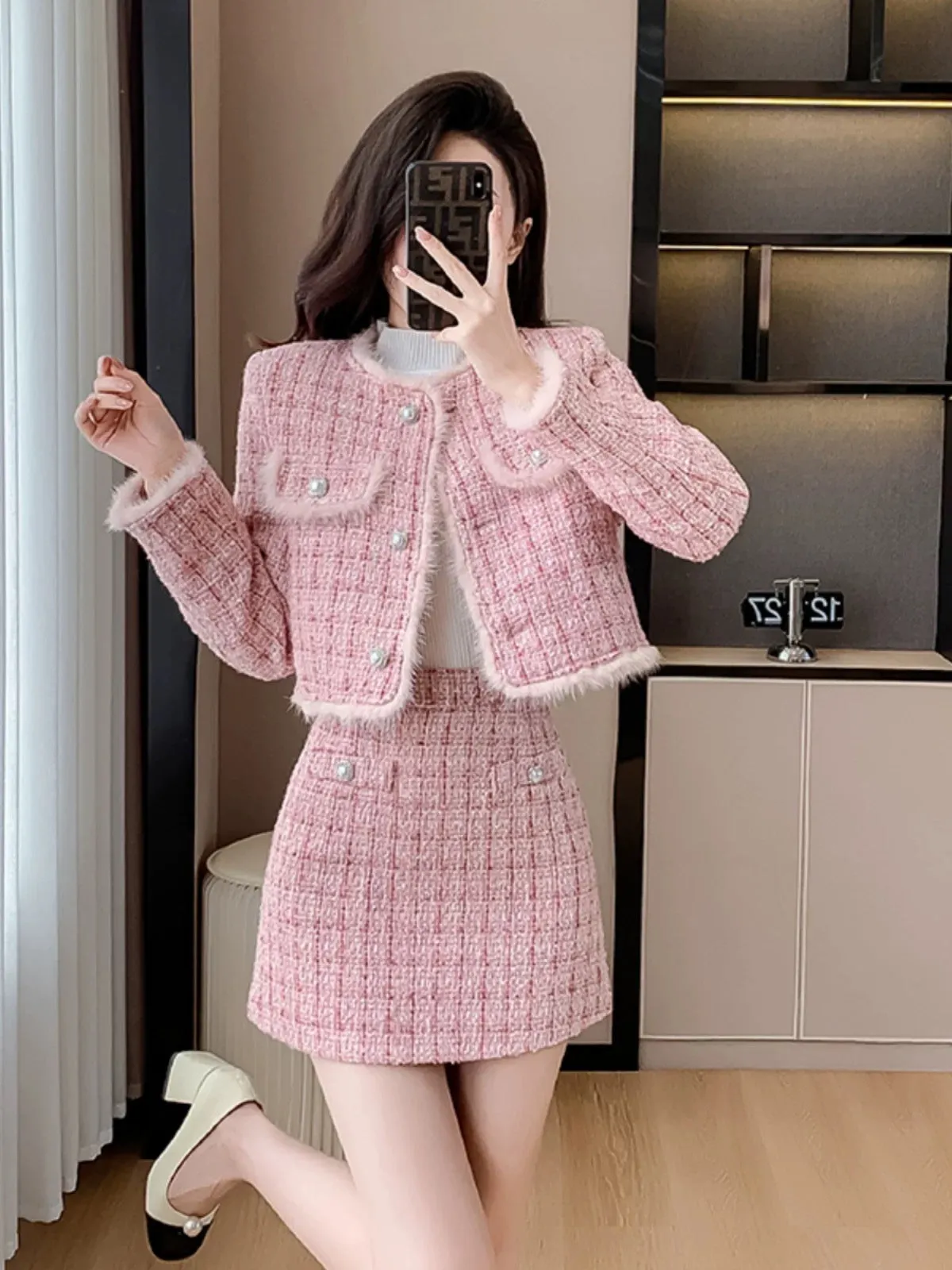 2024 Autumn and winter new style light luxury small fragrance thickened high-end suit skirt woolen pink ladylike temperament jac