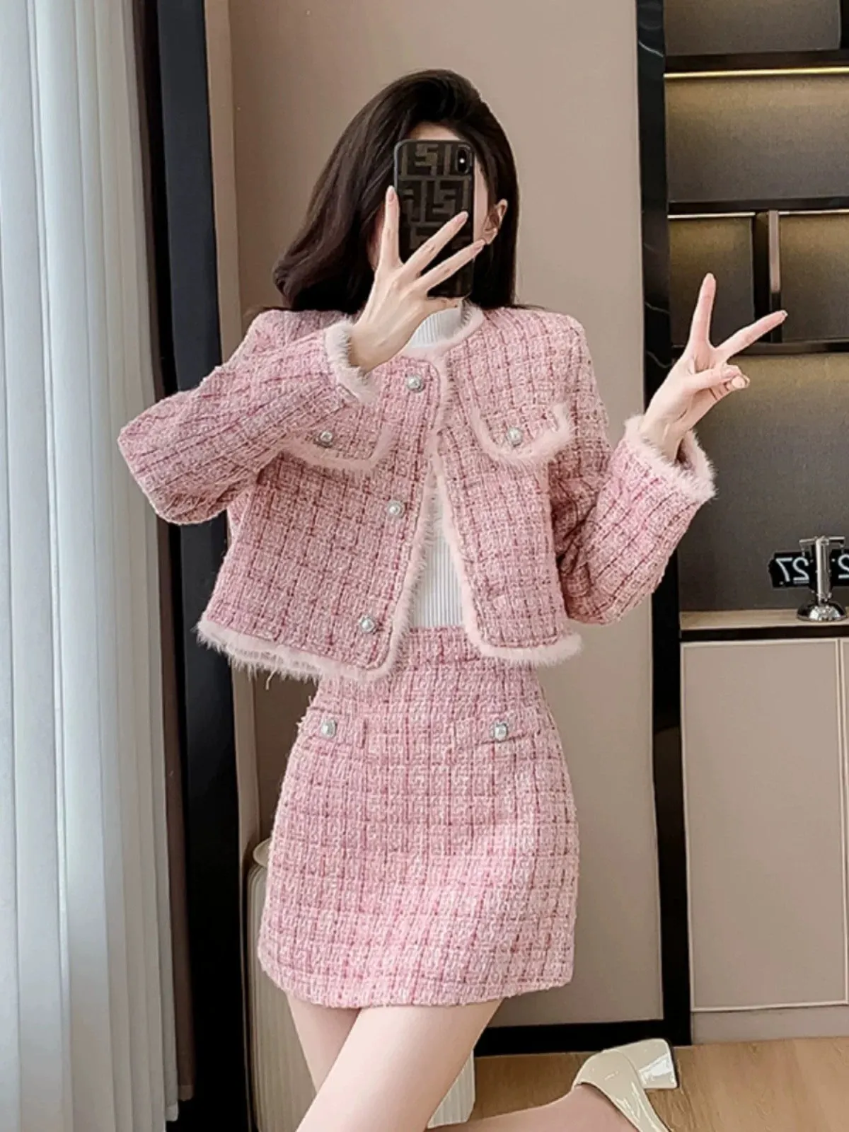 2024 Autumn and winter new style light luxury small fragrance thickened high-end suit skirt woolen pink ladylike temperament jac