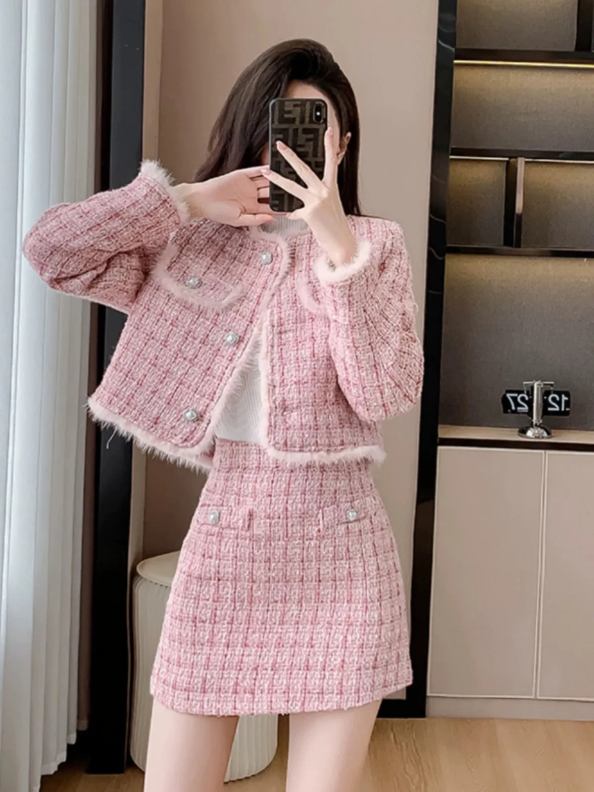 2024 Autumn and winter new style light luxury small fragrance thickened high-end suit skirt woolen pink ladylike temperament jac