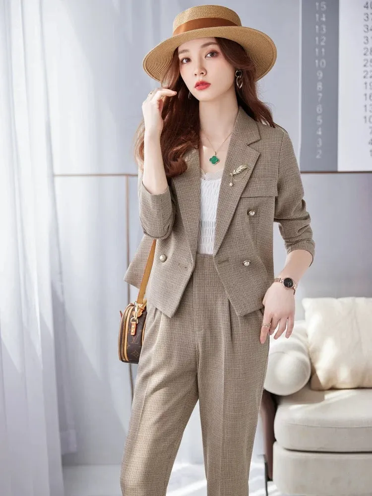 2024 new spring and autumn houndstooth temperament retro plaid suit trousers top jacket women high-end small fragrance style