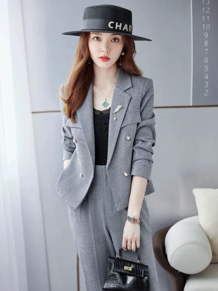 2024 new spring and autumn houndstooth temperament retro plaid suit trousers top jacket women high-end small fragrance style