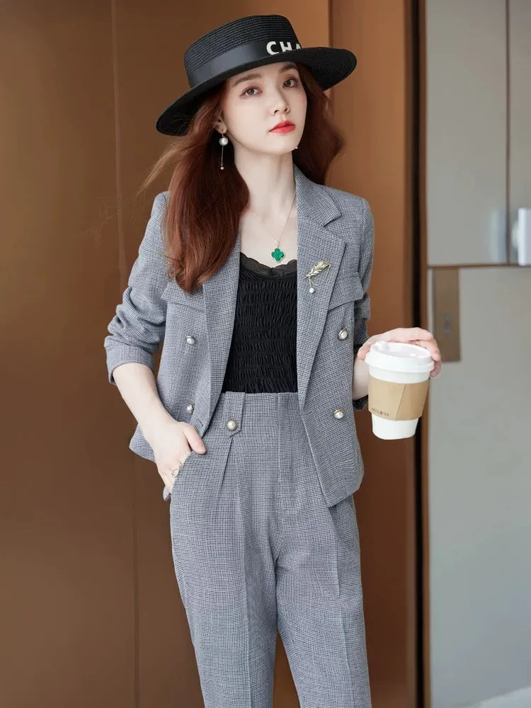 2024 new spring and autumn houndstooth temperament retro plaid suit trousers top jacket women high-end small fragrance style