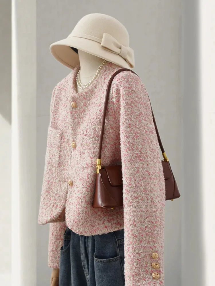 4U4U 2024 Spring New Cherry Blossom Pink Tweed Short Jacket Women's French Romantic Temperament Small Fragrance Top