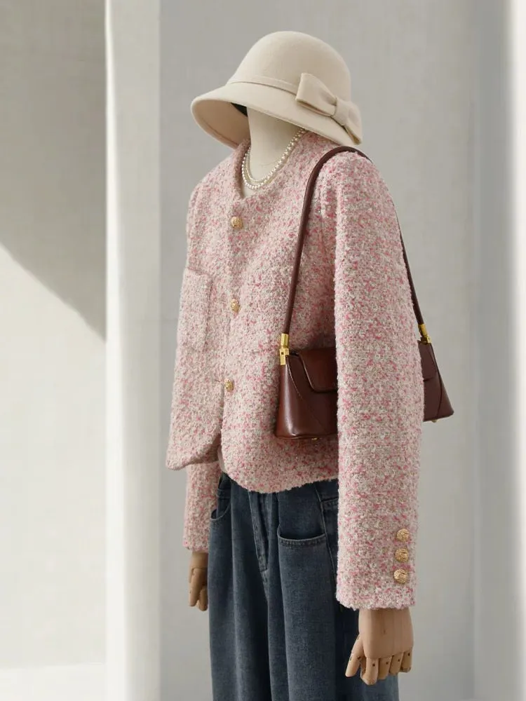 4U4U 2024 Spring New Cherry Blossom Pink Tweed Short Jacket Women's French Romantic Temperament Small Fragrance Top