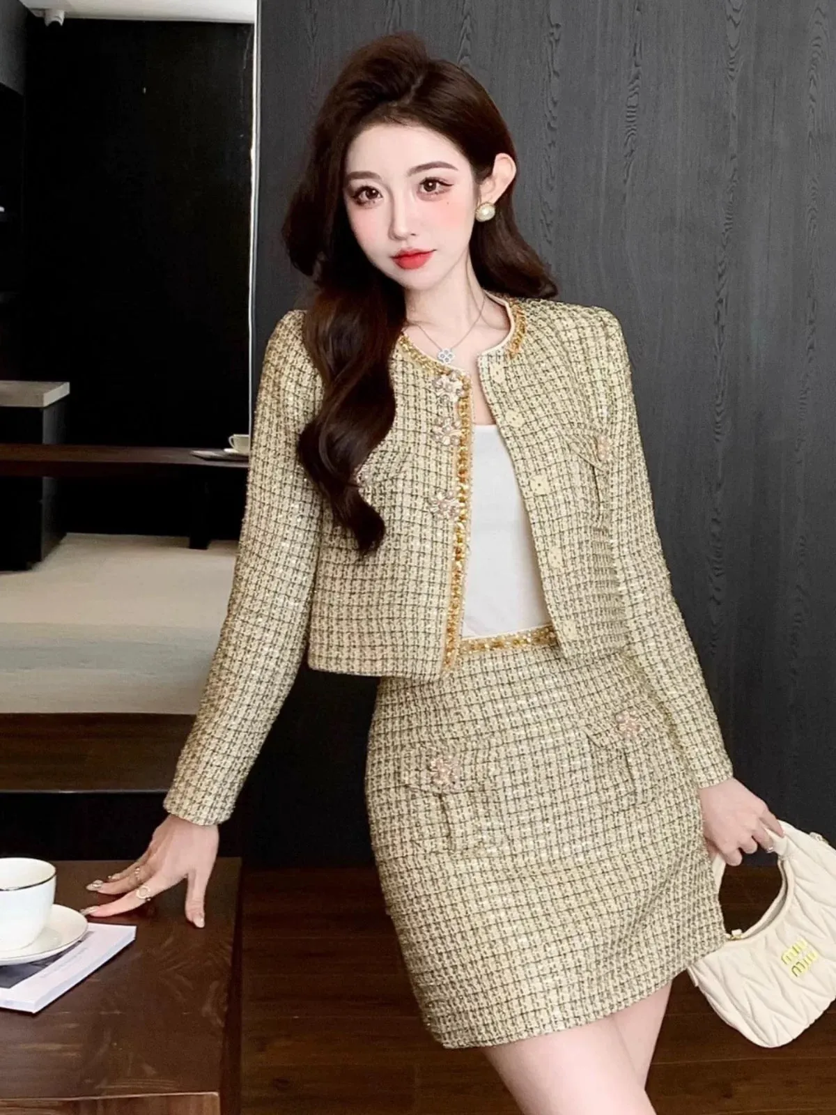 Autumn and winter new Nanyou European niche designer style small fragrant braided beaded jacket high-waisted A-line skirt suit