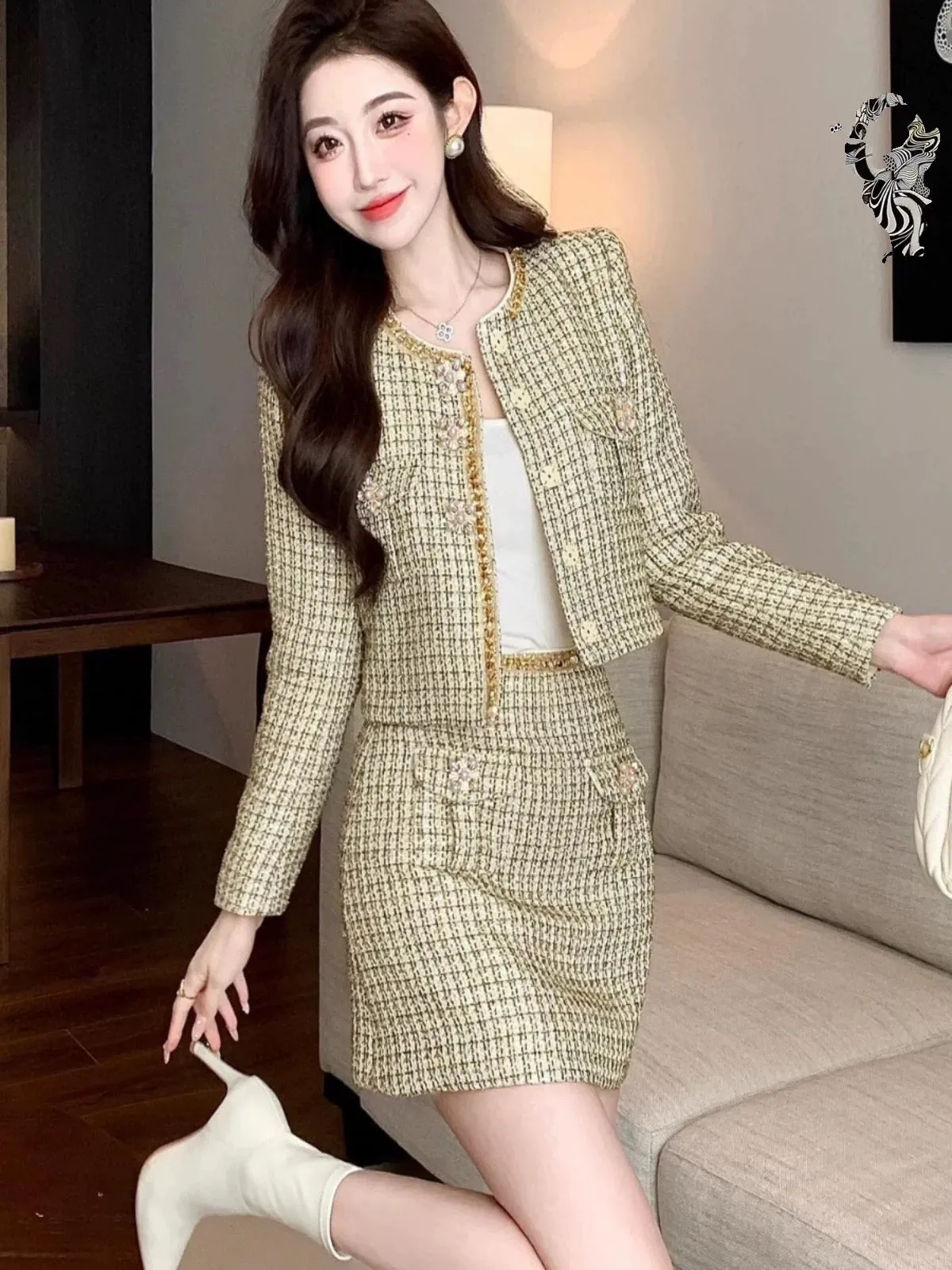 Autumn and winter new Nanyou European niche designer style small fragrant braided beaded jacket high-waisted A-line skirt suit