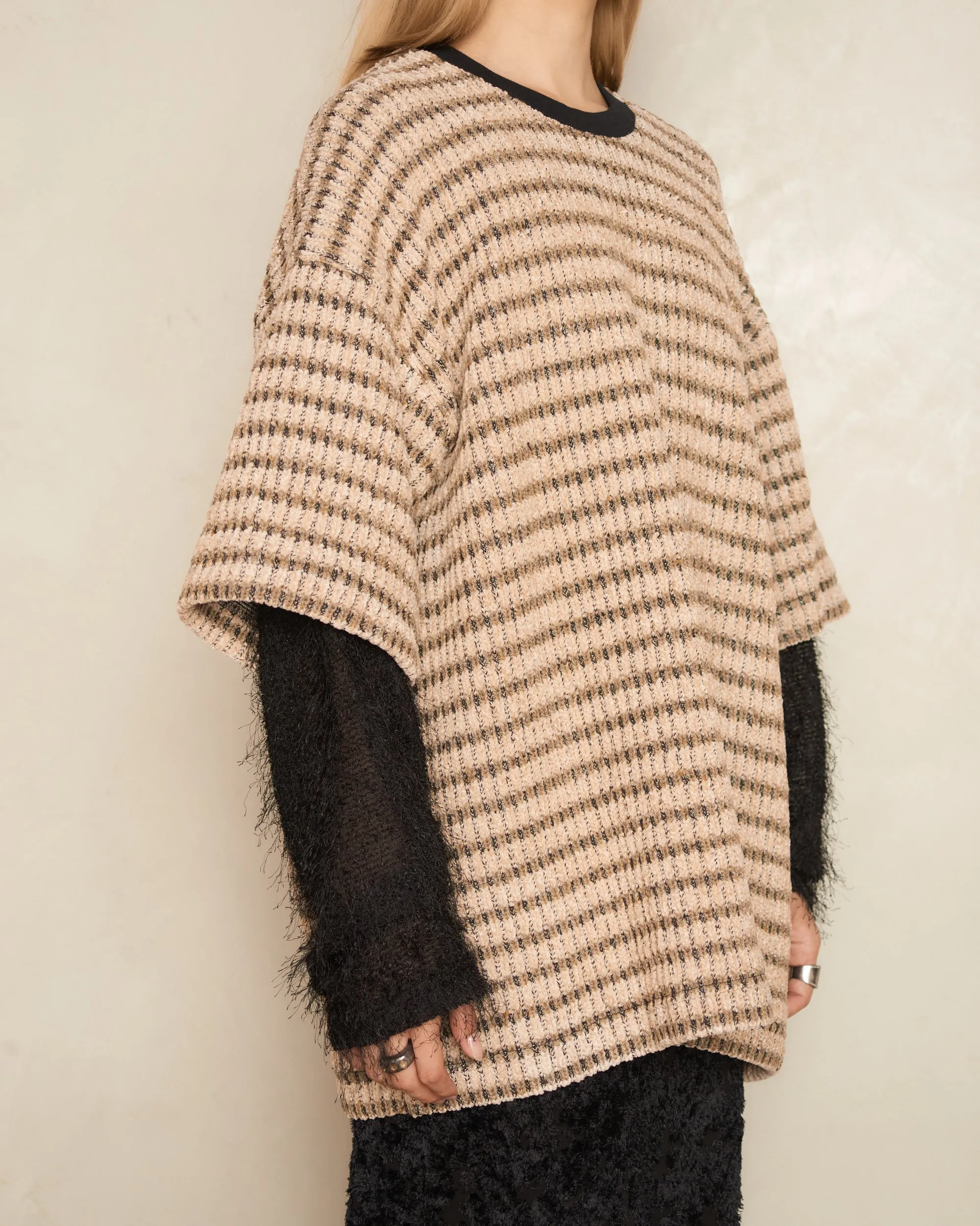 Beige Knit Double Layered Sleeve Pullover