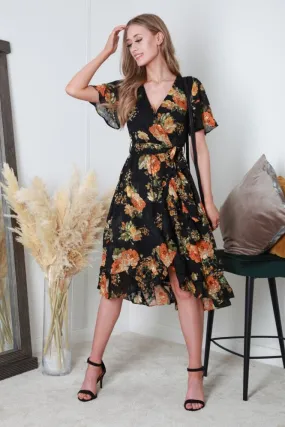 Black Orange Printed Dobby Midi Wrap Dress