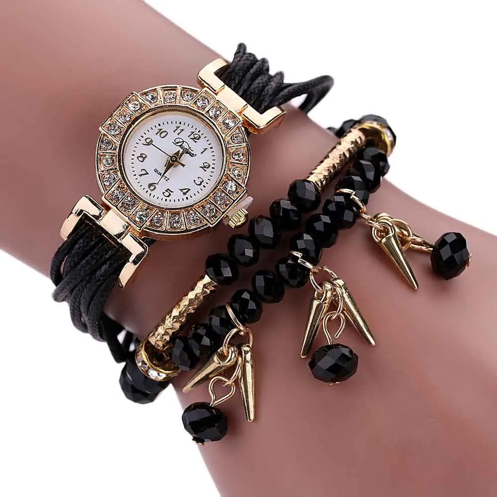 Bracelet Watch Weave Wrap Around Rhinestone Crystal Synthetic Chain Dress Clock Relogio Feminino Gift