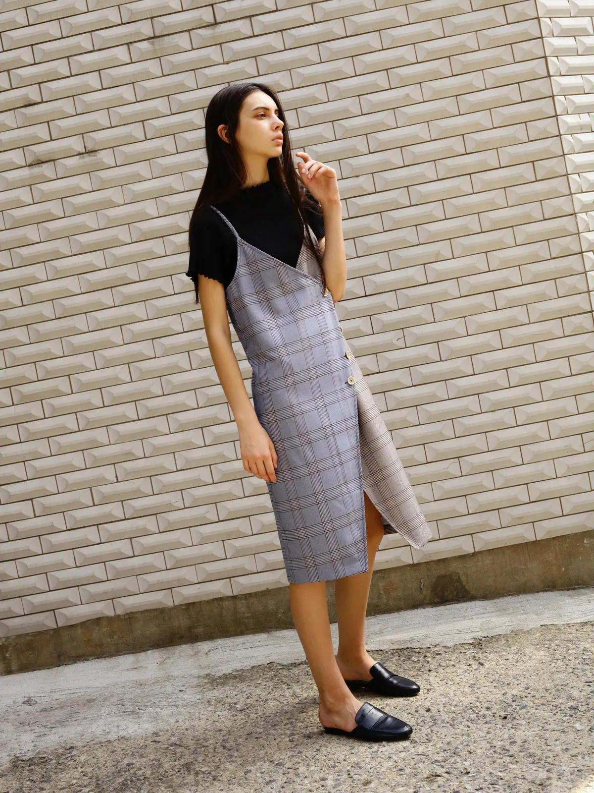 Bridge Wrap Slip Dress - Blue/Brown Check