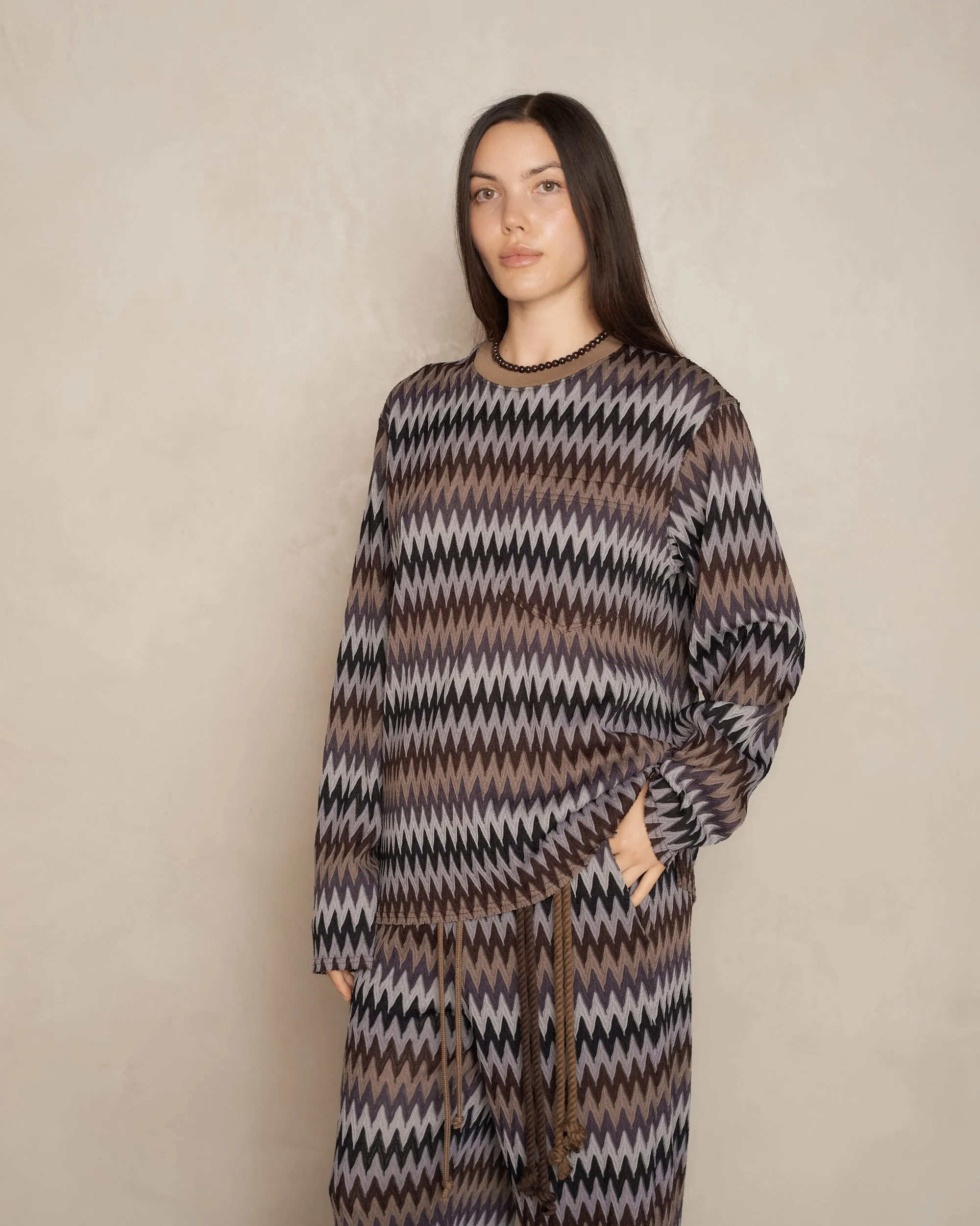 Brown Zig Zag Knit Crew Neck Pullover