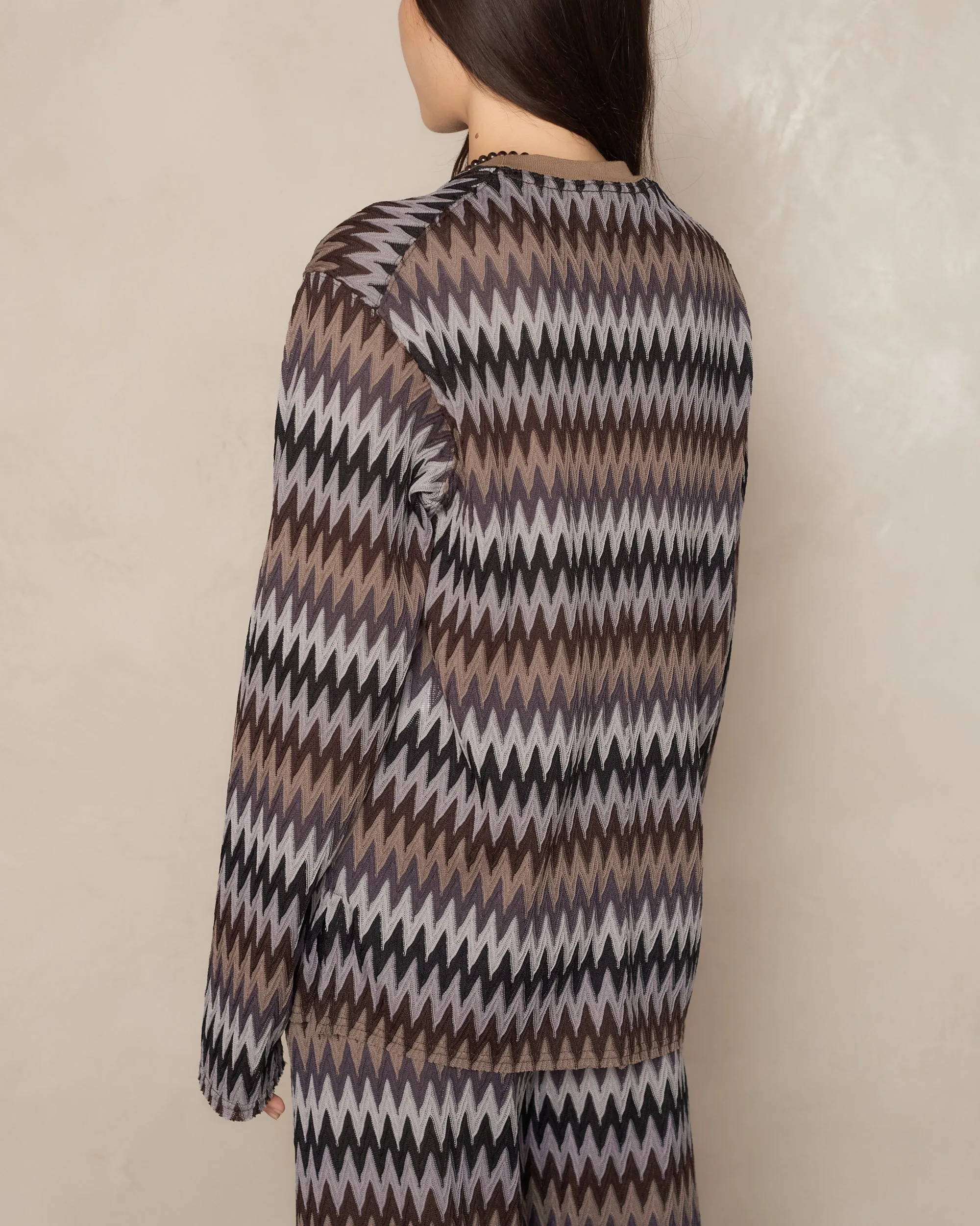 Brown Zig Zag Knit Crew Neck Pullover