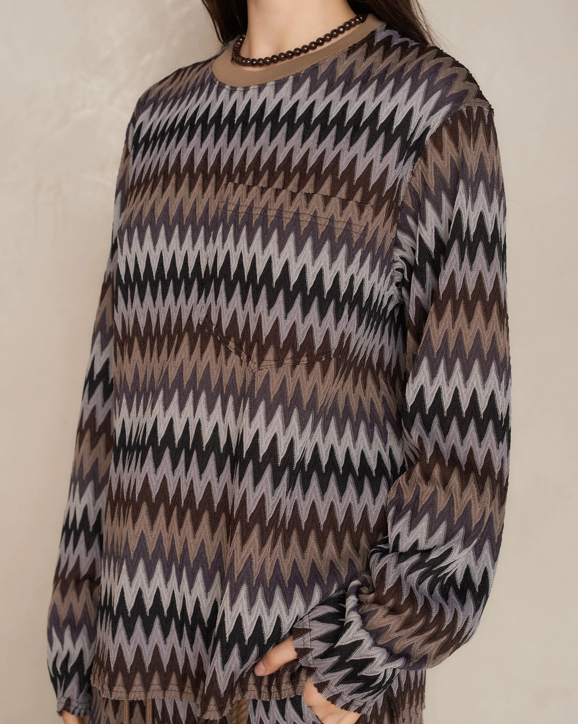 Brown Zig Zag Knit Crew Neck Pullover