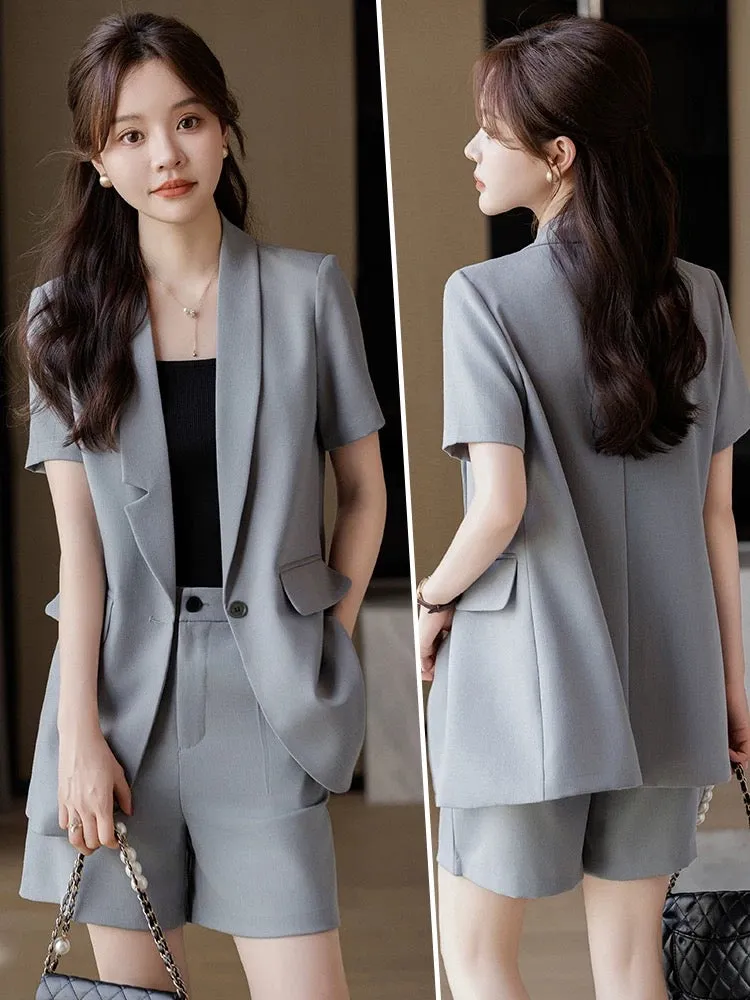 Casual gray short-sleeved small suit jacket for women summer thin high-end small professional suit shorts suit