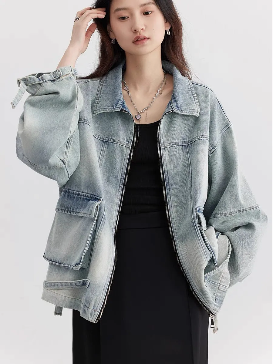 CHICVEN Perceive Yourself Spring Distressed Washed Cotton Workwear Patch Pocket Design Denim Jacket