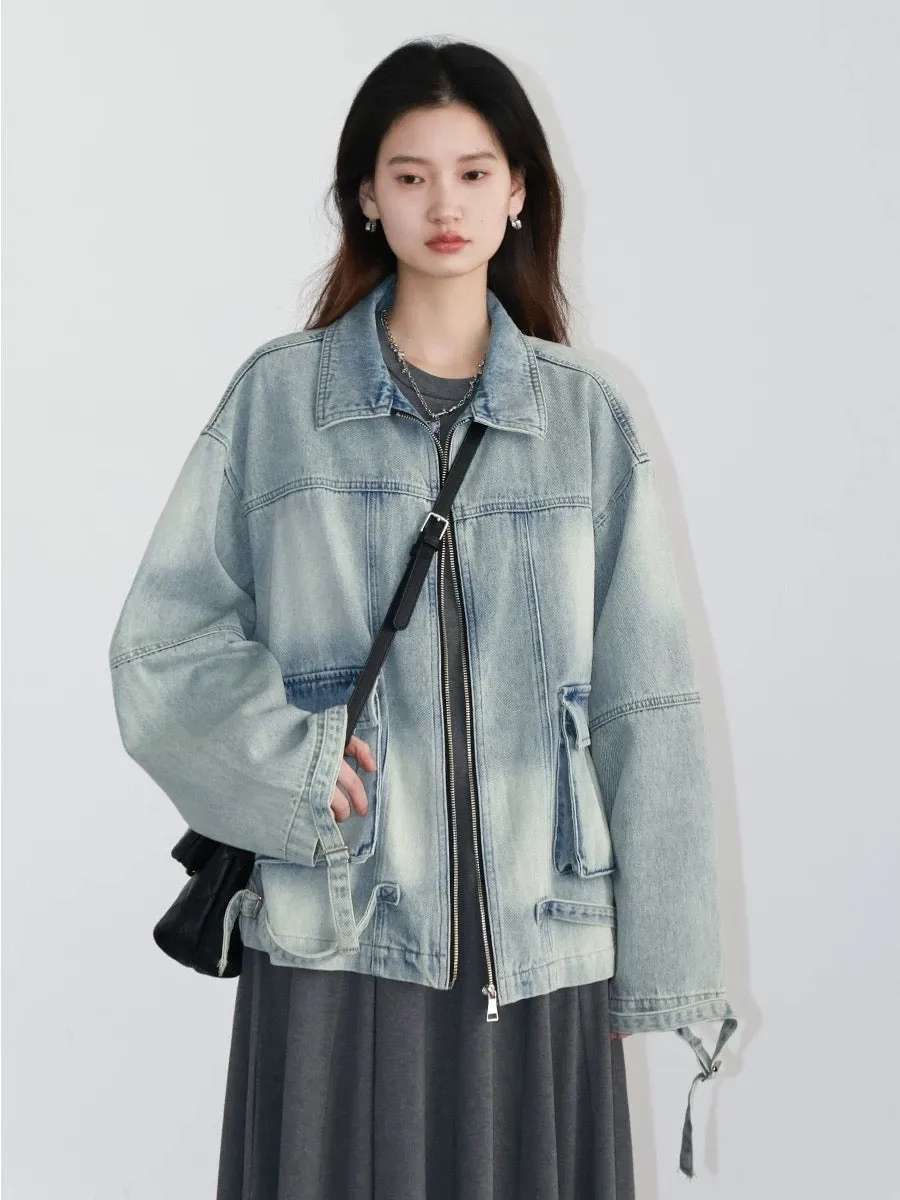 CHICVEN Perceive Yourself Spring Distressed Washed Cotton Workwear Patch Pocket Design Denim Jacket