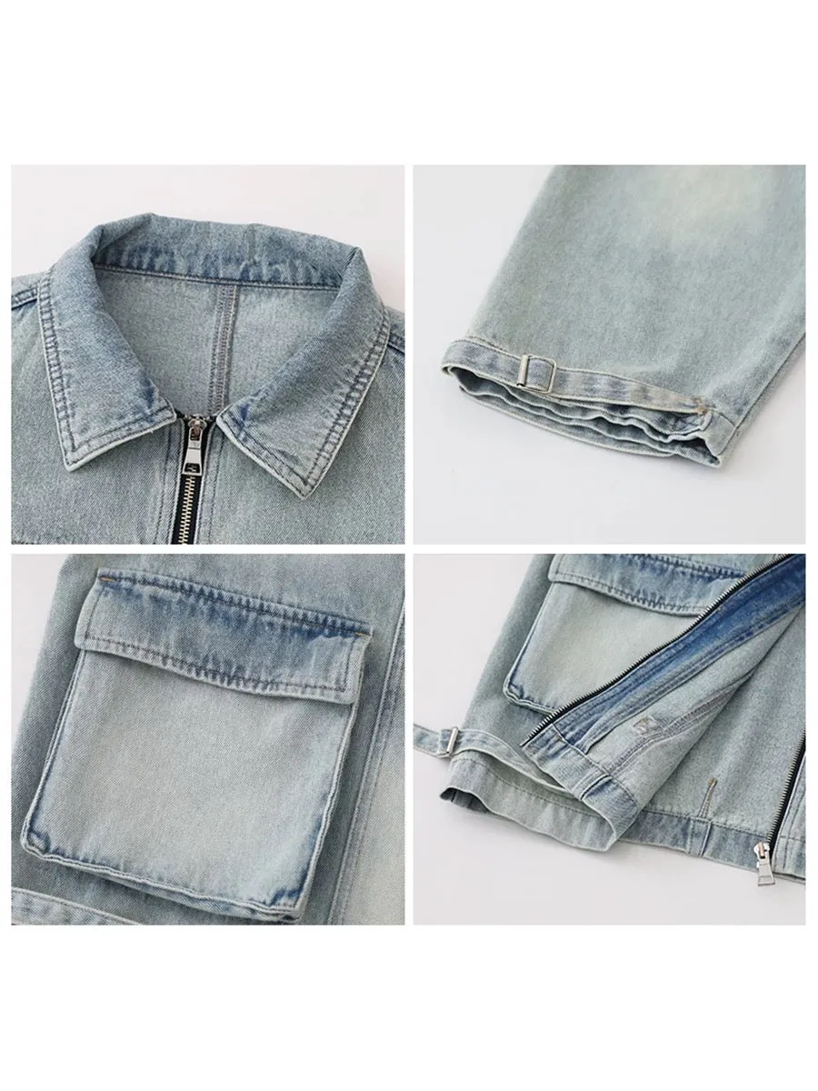 CHICVEN Perceive Yourself Spring Distressed Washed Cotton Workwear Patch Pocket Design Denim Jacket