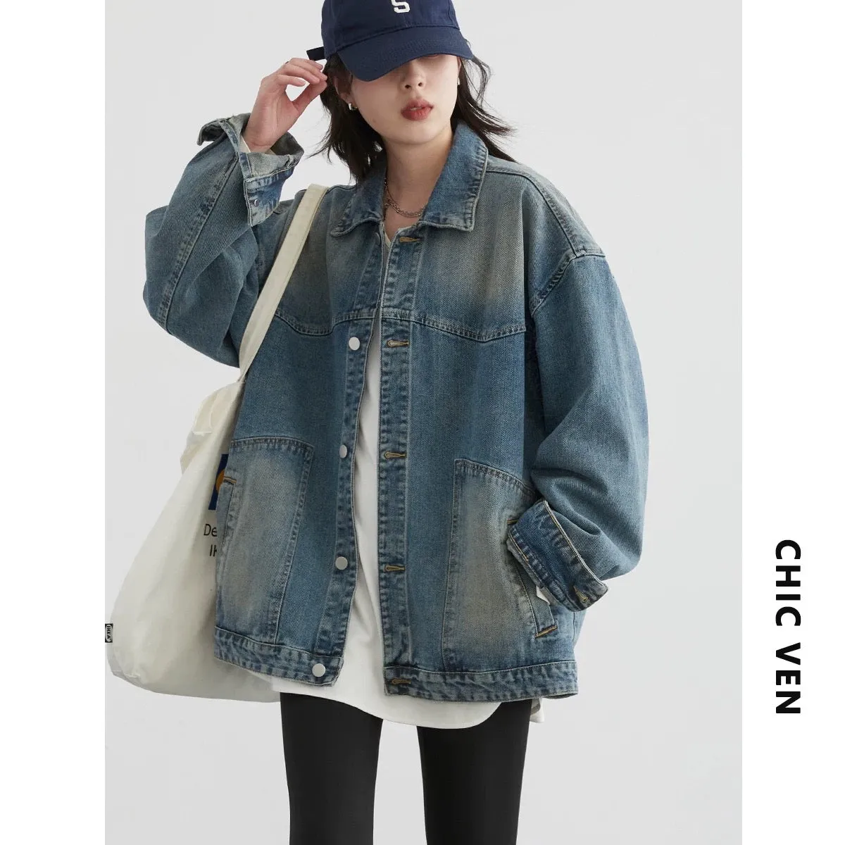 CV plus size women's clothing autumn new loose distressed lapel denim jacket work wear patch pocket jacket top fat mm