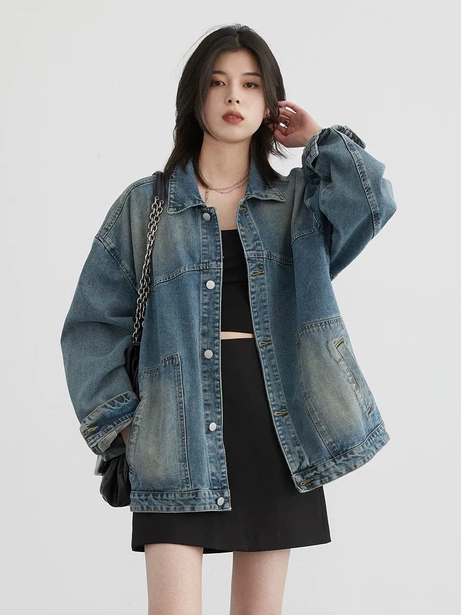 CV plus size women's clothing autumn new loose distressed lapel denim jacket work wear patch pocket jacket top fat mm