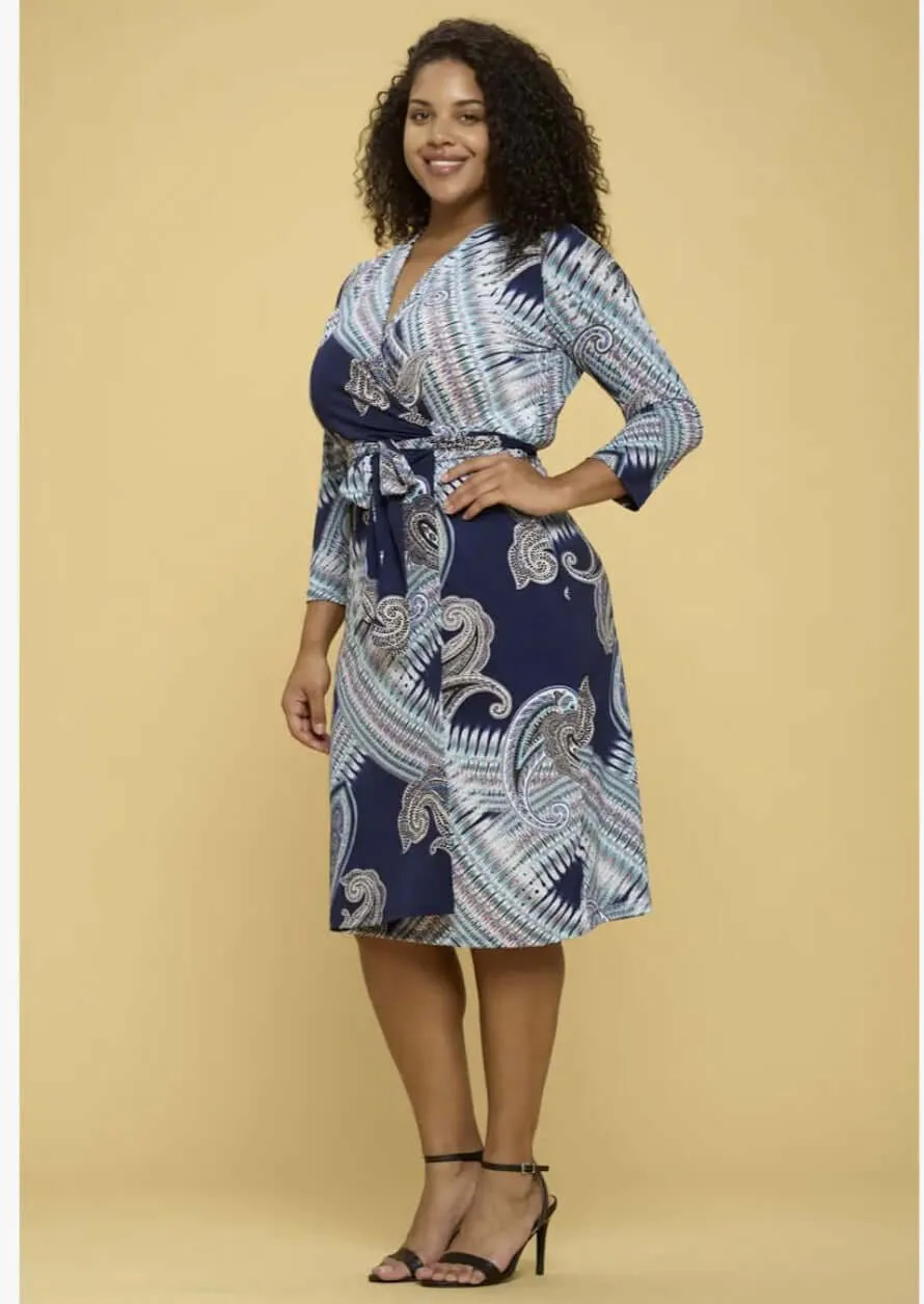 Effortless Beauty Navy Printed Wrap Dress Made in USA Plus Size