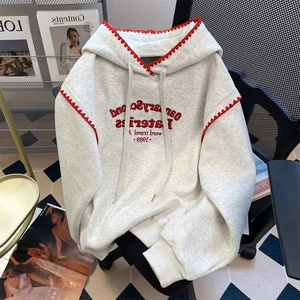 European and American high street contrast color letter embroidered hooded sweatshirt for men and women spring and autumn loose 