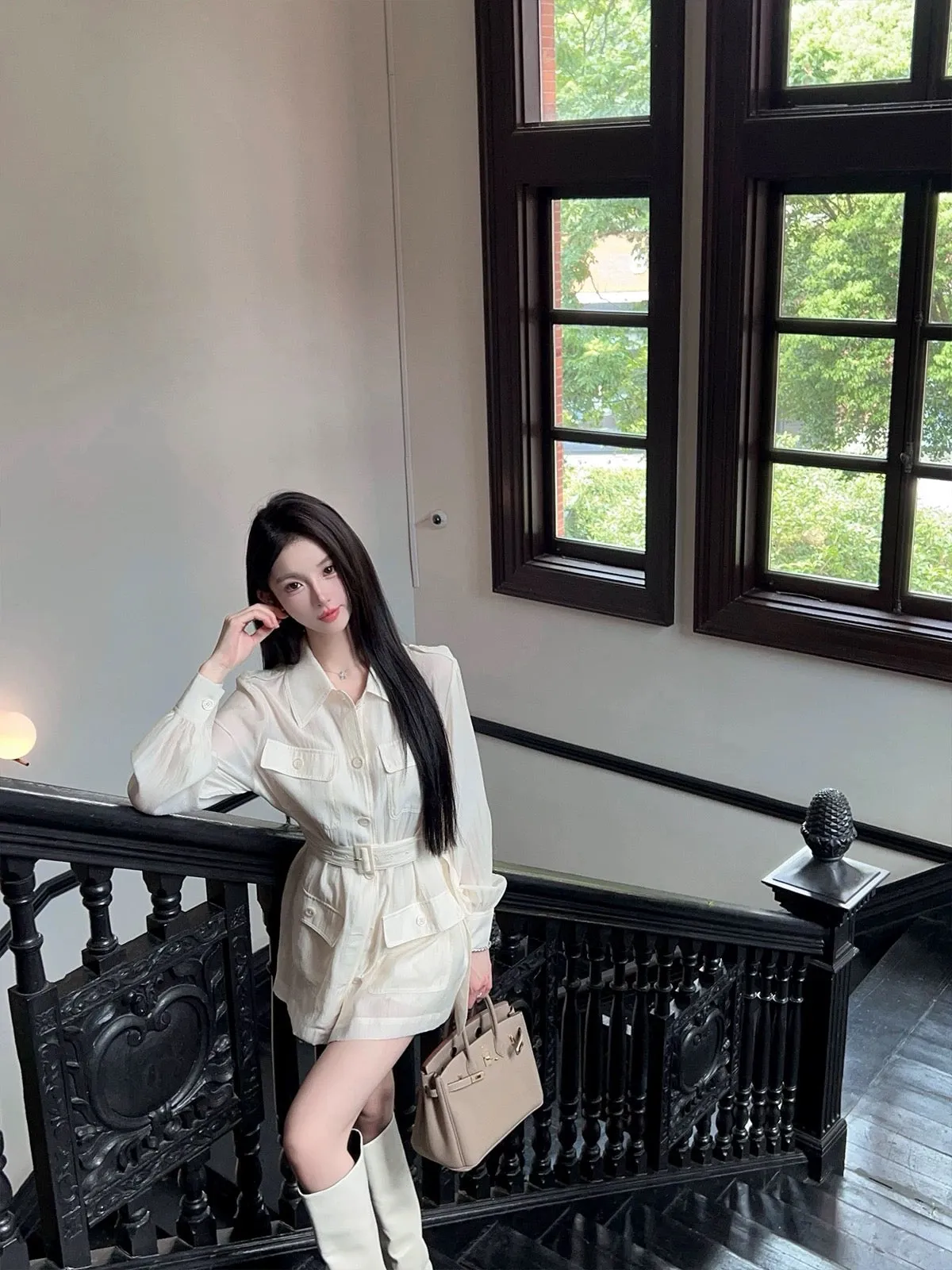 FairyJiang early autumn thin workwear white shirt jacket women's mid-length waist long-sleeved shirt with belt