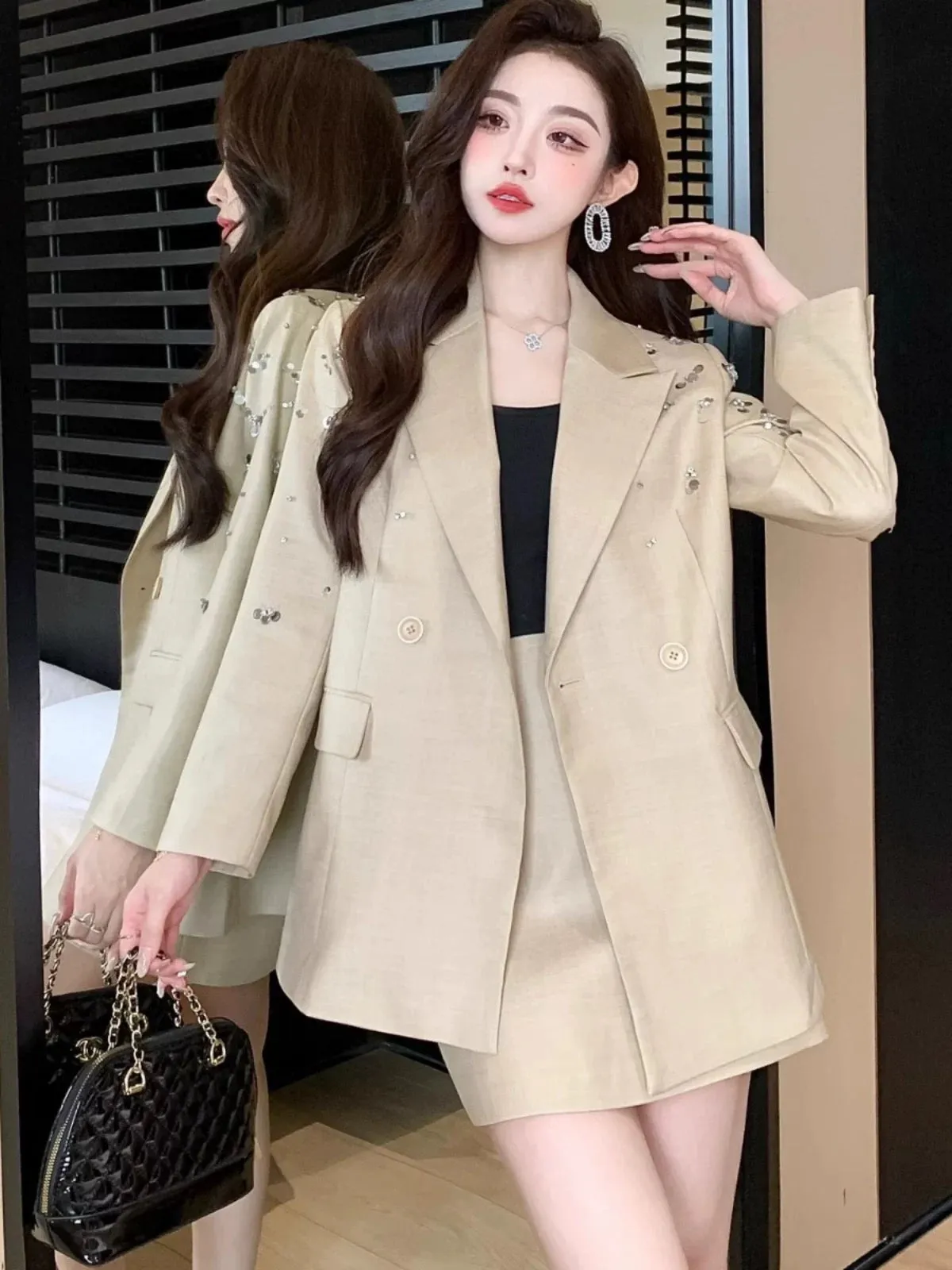 French retro heavy beaded suit jacket niche design silhouette casual slim suit short skirt British suit