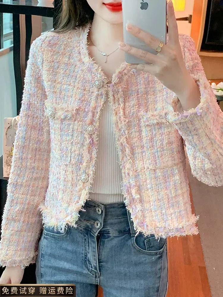 French temperament lady style pink tweed jacket for women spring and autumn high-end short tops for small size