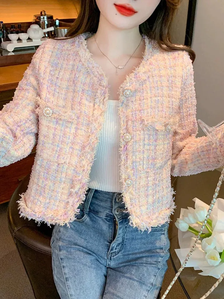 French temperament lady style pink tweed jacket for women spring and autumn high-end short tops for small size