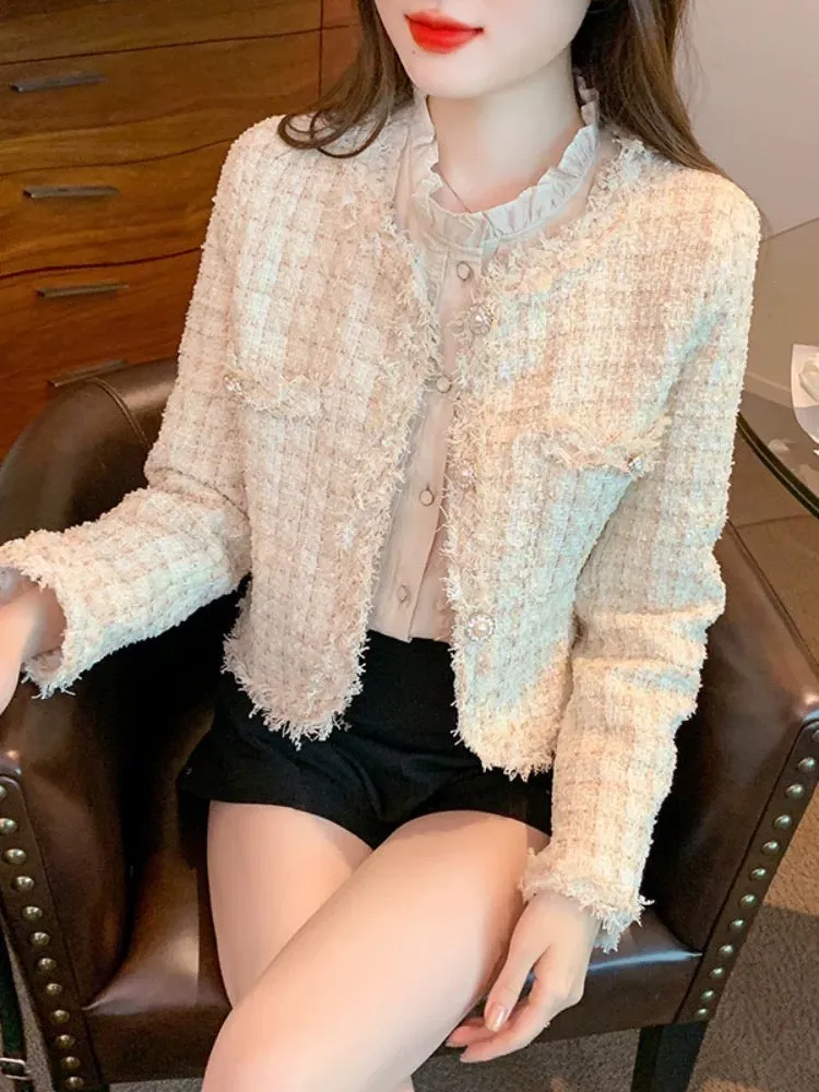 French temperament lady style pink tweed jacket for women spring and autumn high-end short tops for small size