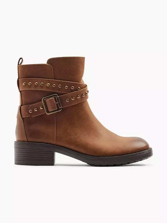 Graceland  Brown Ankle Boot with Studded Straps and Buckle Detail