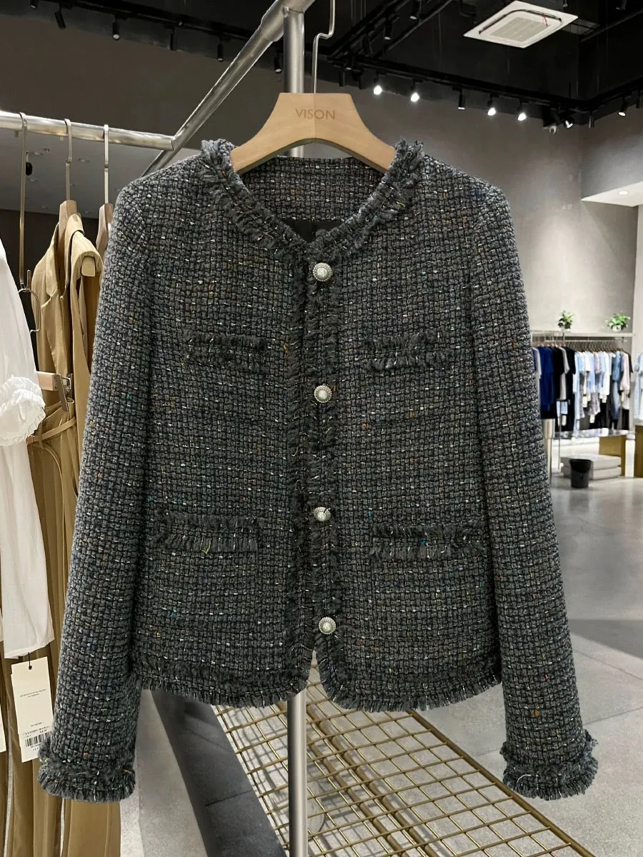 Gray small fragrant jacket for women 2023 new autumn and winter temperament fashion retro versatile short tweed top