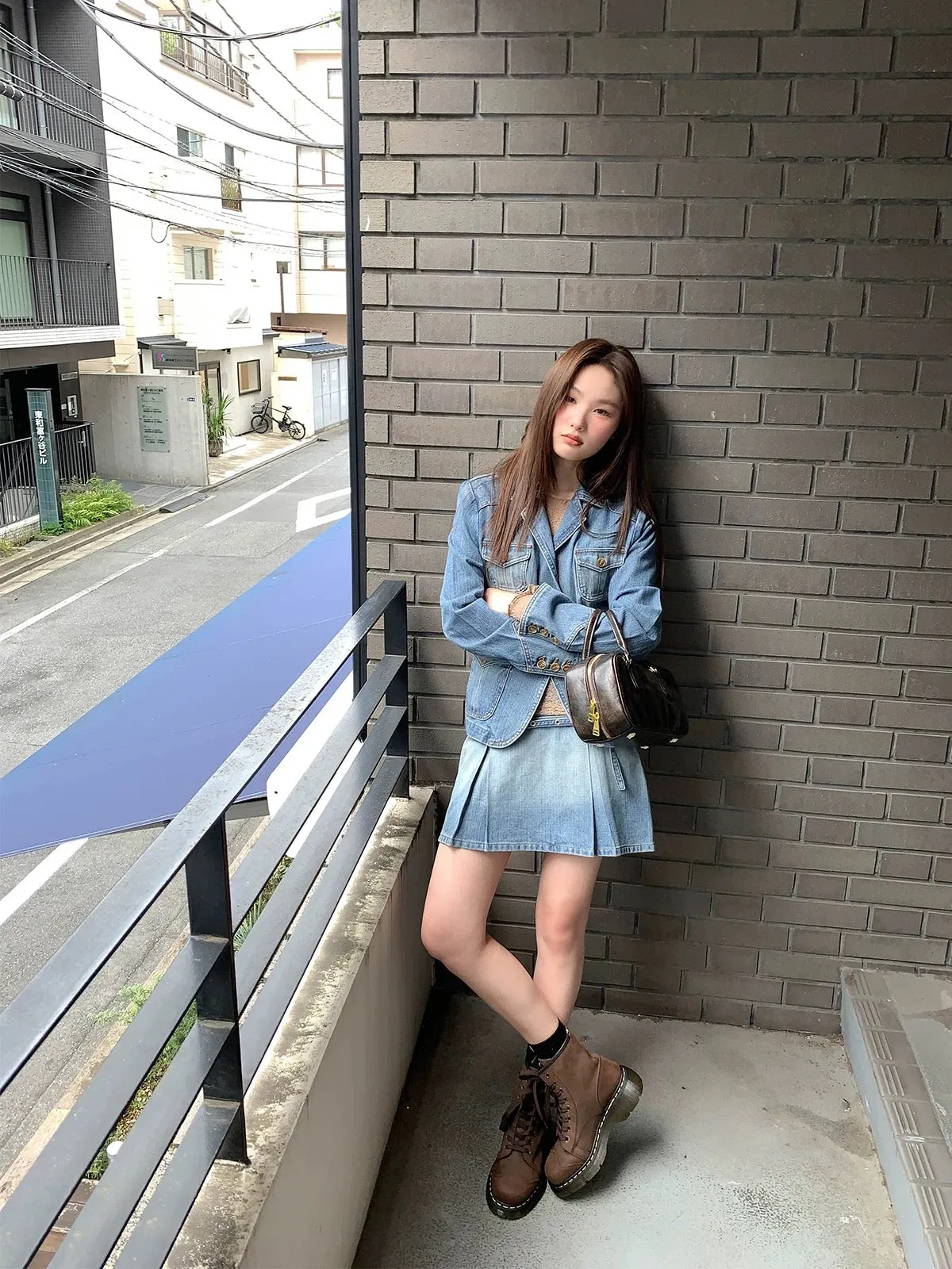 Hello Canon Workwear Style Jacket Skirt Denim Suit Women's Autumn Loose Jacket A-Line Skirt Two-piece Set