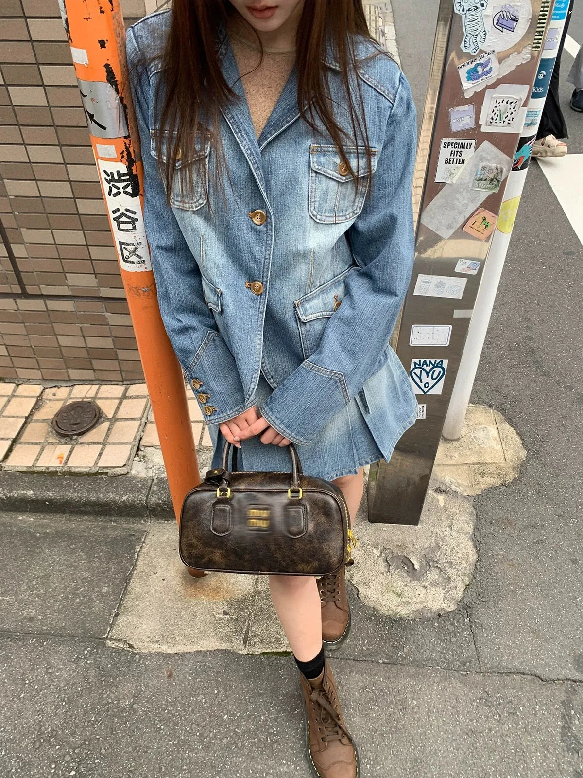 Hello Canon Workwear Style Jacket Skirt Denim Suit Women's Autumn Loose Jacket A-Line Skirt Two-piece Set