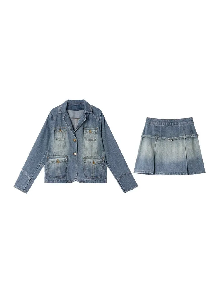 Hello Canon Workwear Style Jacket Skirt Denim Suit Women's Autumn Loose Jacket A-Line Skirt Two-piece Set