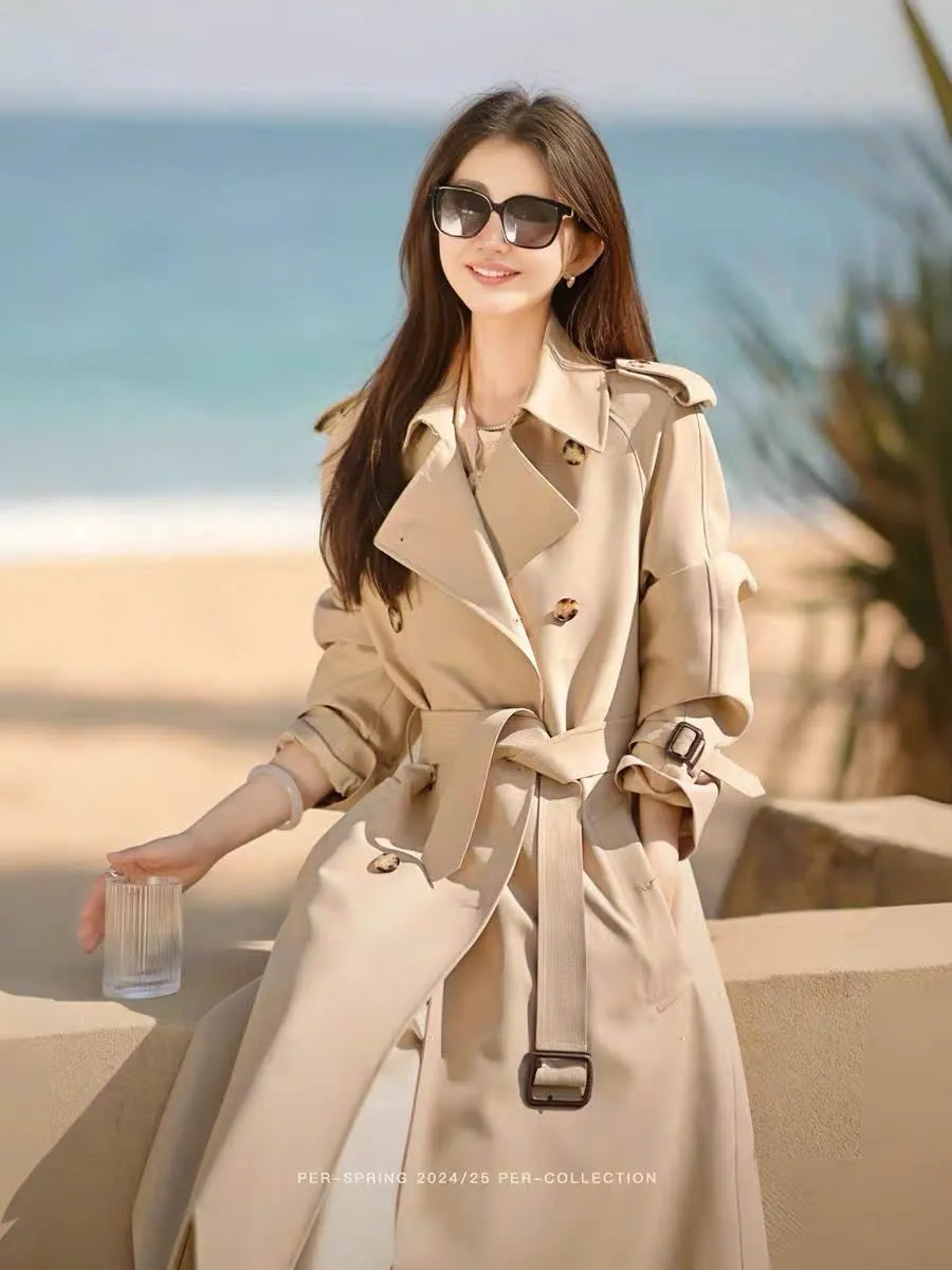 High-end khaki windbreaker jacket for women 2024 new spring and autumn medium and long style small British style Korean style po