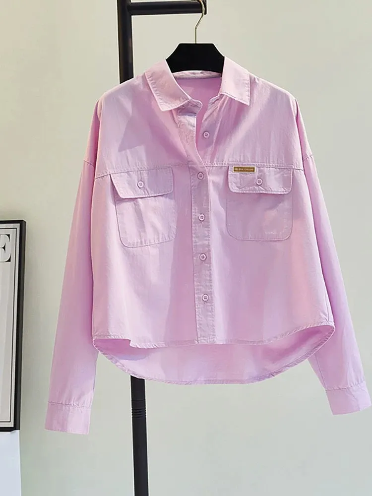 High-grade purple shirt short jacket for women 2024 spring and summer new Korean version loose casual shirt chic pocket top