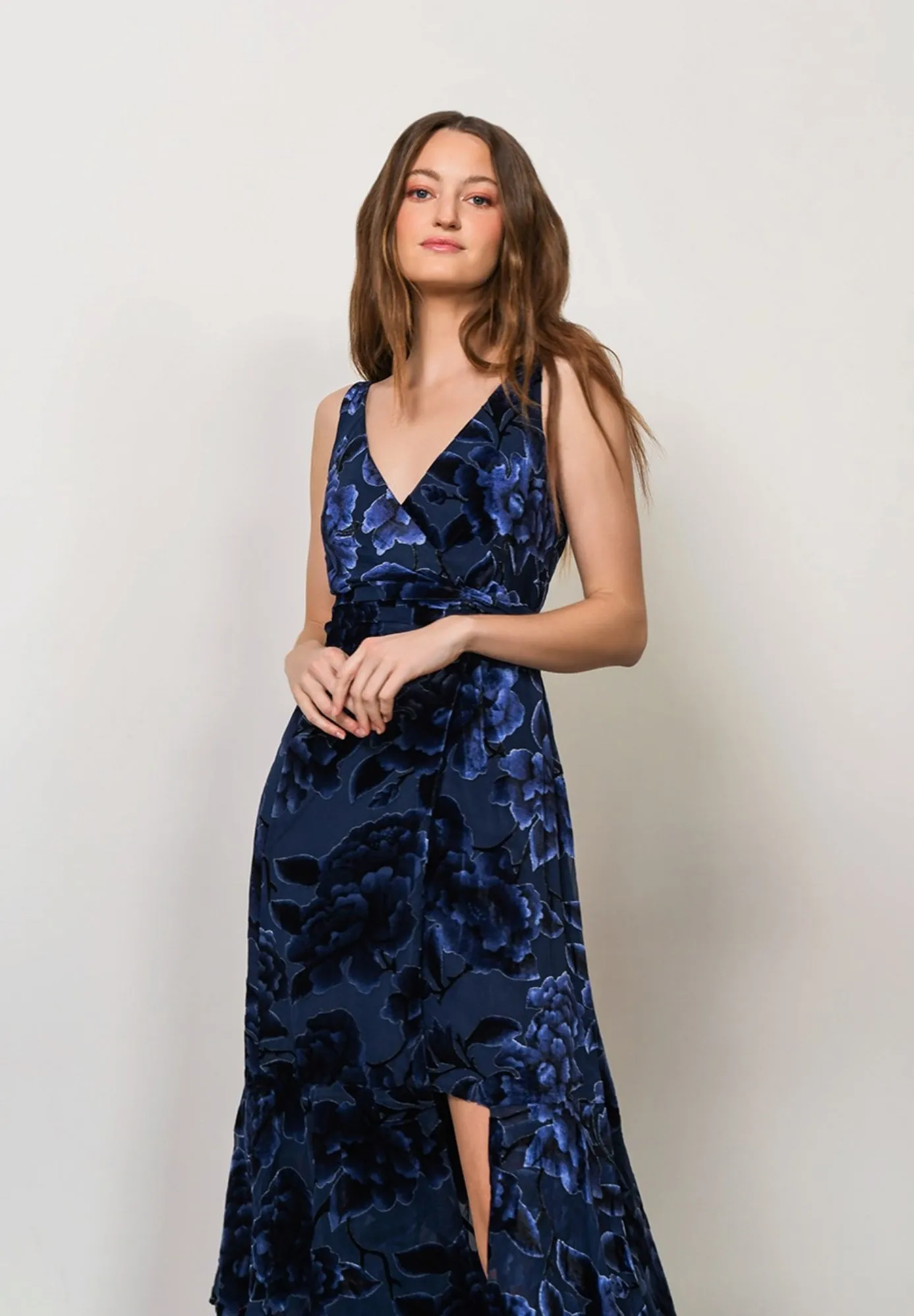 Hutch BAX Ruffle Maxi Wrap Dress in Navy Eden Floral Burnout 