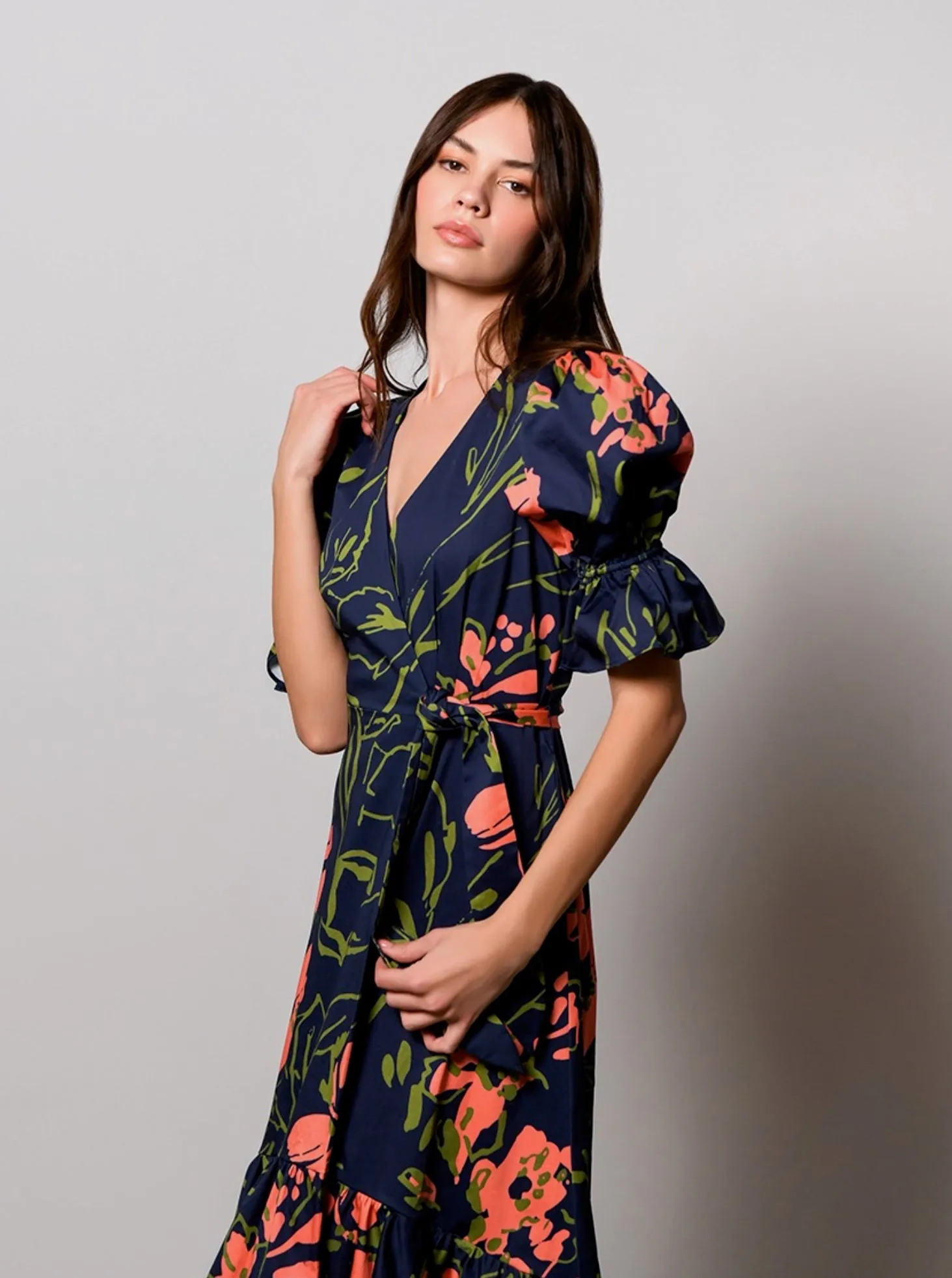 Hutch CORINA Puff Sleeve Wrap Dress in Three Tone Floral 