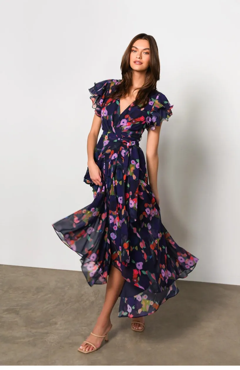 Hutch ZOLA Ruffle Sleeve Wrap Dress in Navy Whimsy Watercolor Floral 