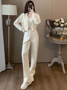 Internet celebrity same style casual sports suit for women 2024 autumn style apricot color short jacket top wide leg pants two-p