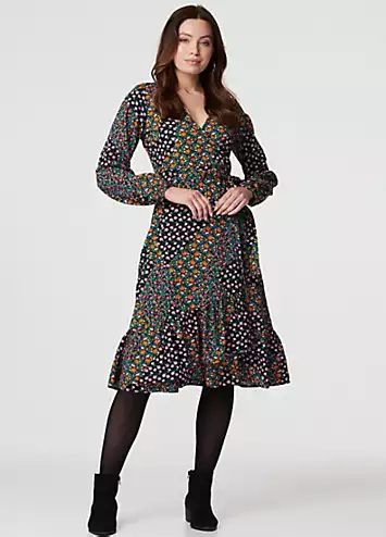 Izabel London Multi Black Patchwork Print Ruffled Wrap Dress | Kaleidoscope