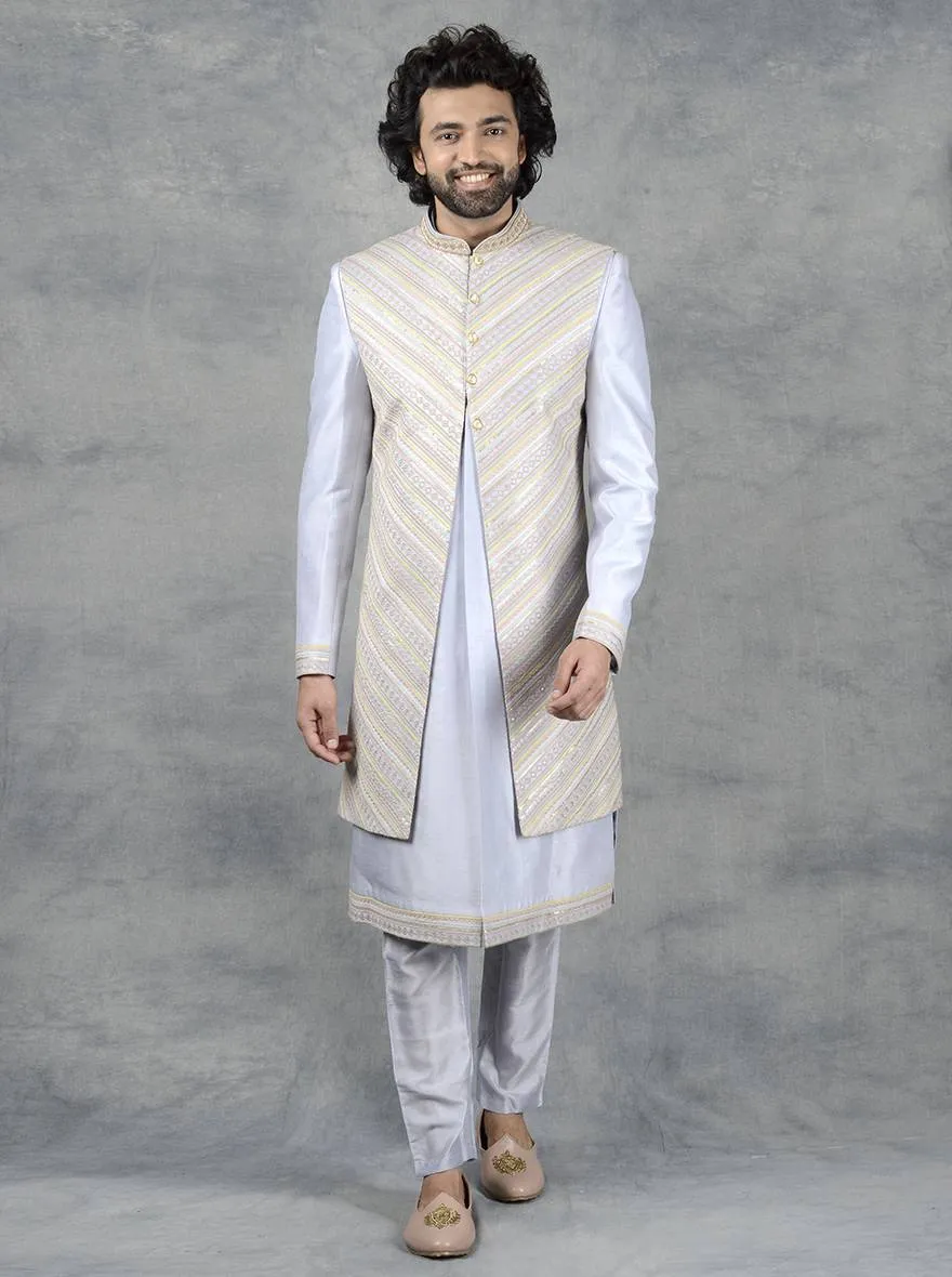 Light Grey Kurta set with Long Bandhgalas Jacket | Azania