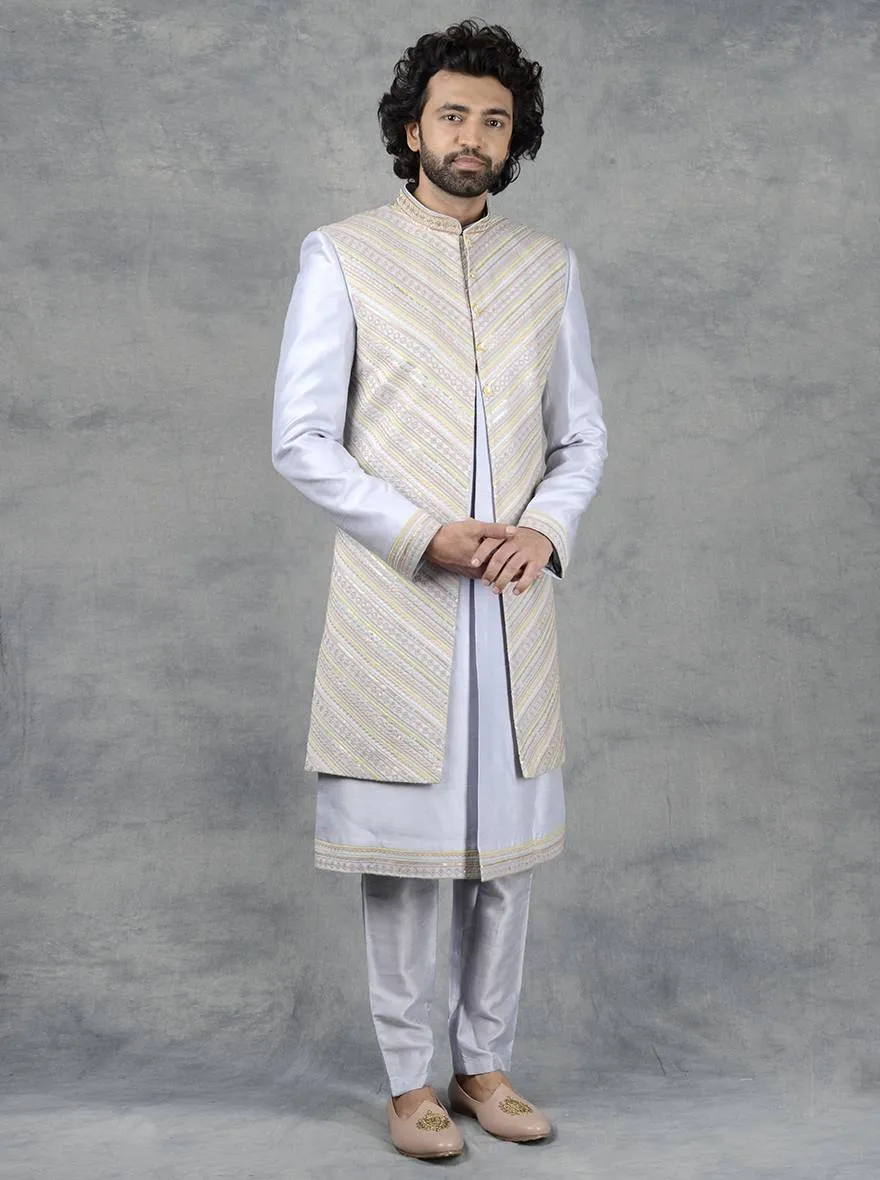 Light Grey Kurta set with Long Bandhgalas Jacket | Azania