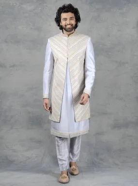 Light Grey Kurta set with Long Bandhgalas Jacket | Azania