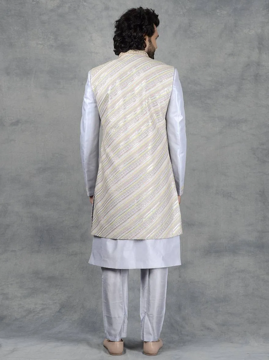 Light Grey Kurta set with Long Bandhgalas Jacket | Azania