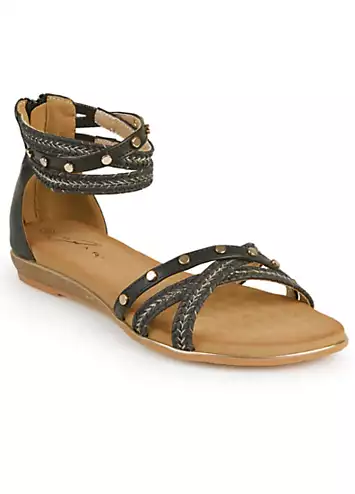 Lunar Exclusive Black Stud Braided Ankle Strap Flat Sandals | Kaleidoscope