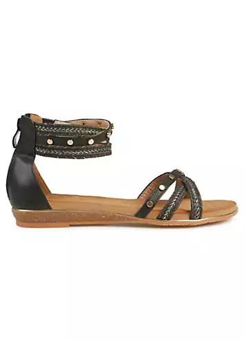 Lunar Exclusive Black Stud Braided Ankle Strap Flat Sandals | Kaleidoscope