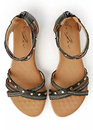 Lunar Exclusive Black Stud Braided Ankle Strap Flat Sandals | Kaleidoscope